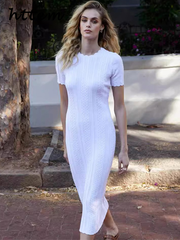 JazzHer Elegant Knit Ribbed Maxi Dress Women Slim O-neck Short Sleeve Hip Package Female Dresses 2024 Summer Lady Solid Casual Robes New