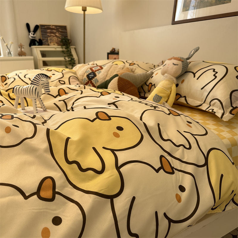 JazzHer Cute Bear Bedding Set Cartoon Floral And Animal Duvet Cover Blue Flat Sheet Soft Polyester Kawaii Queen Full Size Bed Linen