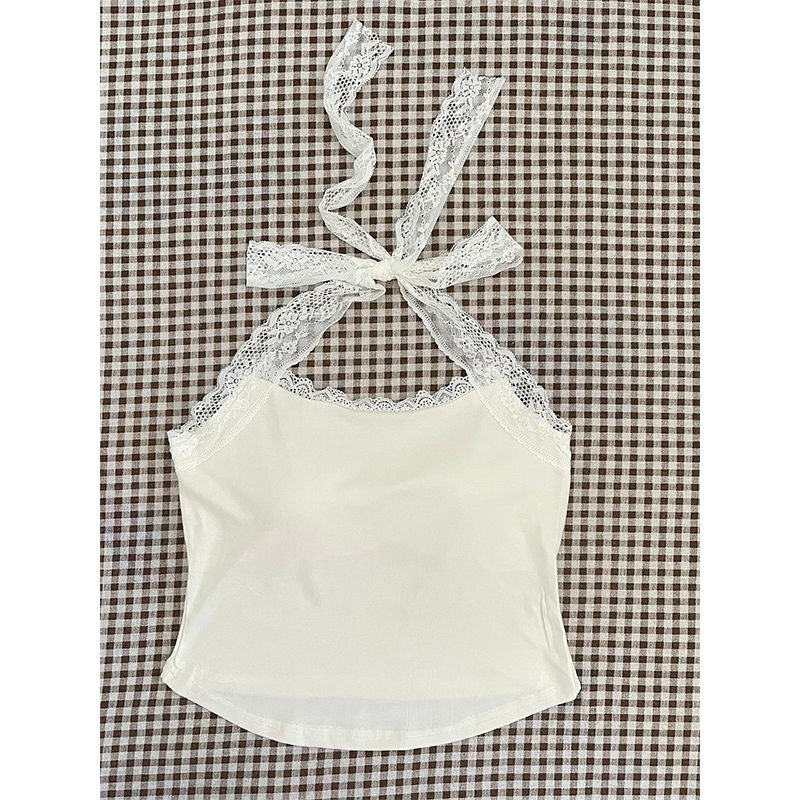 JazzHer Kawaii Lace Camis Crop Top Cute Girl Clothing Summer Casual Korea Backless Harajuku 90s Vintage Tank Tops Sweet Y2k Tee Coquette