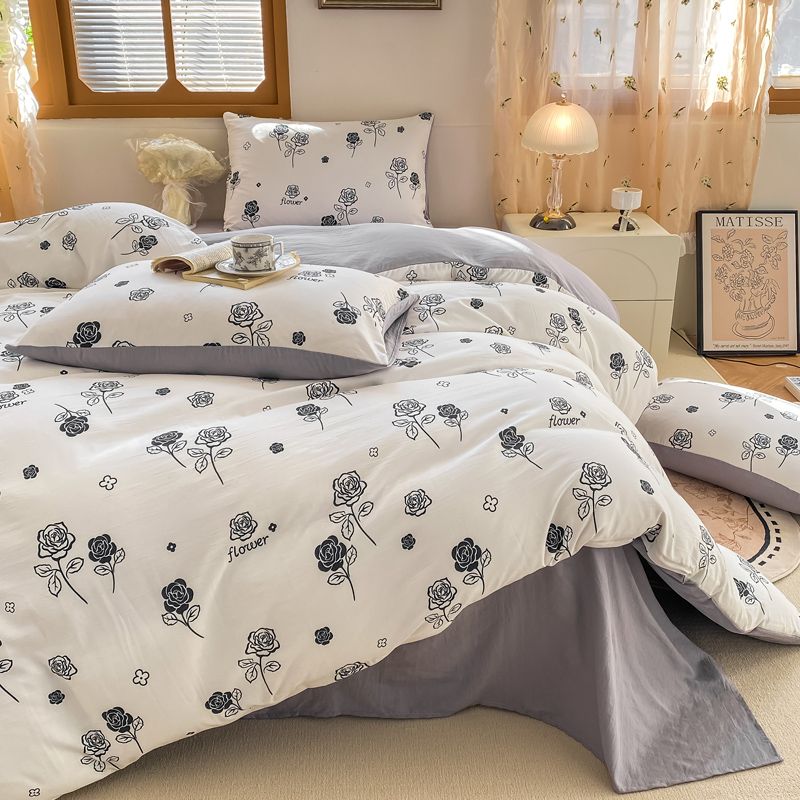 JazzHer European style floral washed cotton four piece bedding set, student dormitory bedding set, bed sheets, pillowcases, three piece