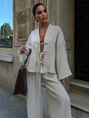 JazzHer Solid Shirt Pants Sets Women Casual  V Neck Lace Up Long Sleeve Female Tops Suits High Waist Wide Leg Pant 2025 New Lady Outfits