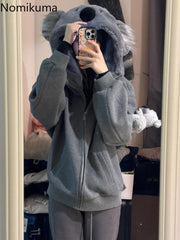 JazzHer Bear Hooded Sweatshirts Jackets for Women 2025 Autumn Winter Clothing Korean Fashion Cute Y2k Tops Casual Zipper Hoodies Coats