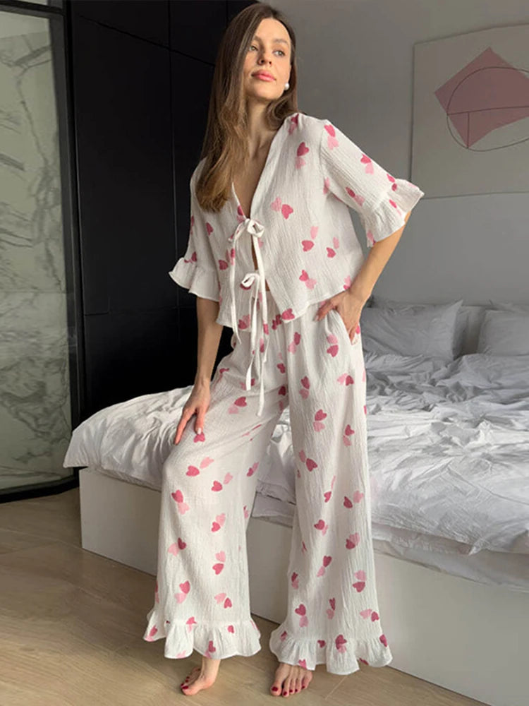 JazzHer Pink Leopard Print Flare Pants Suit Women V-neck Lace Up Half Sleeves Tops Loose Trousers 2024 Spring Summer Lady 2 Pieces Sets