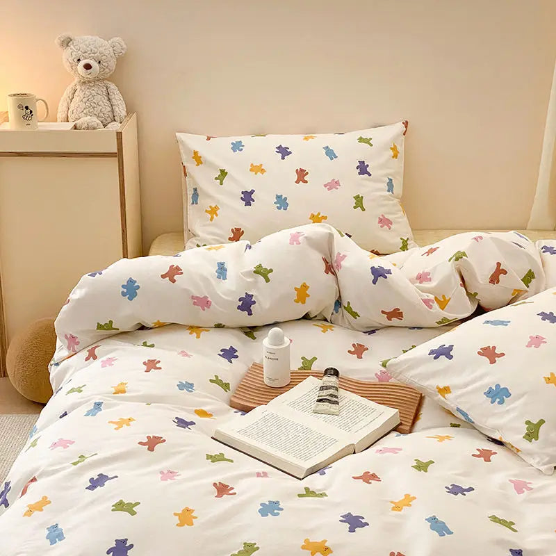 JazzHer Korean Style Bedding Set Boys Girls Twin Queen Size Duvet Cover Flat Sheet Pillowcase Bed Linens Kids Adult Fashion Home Textile