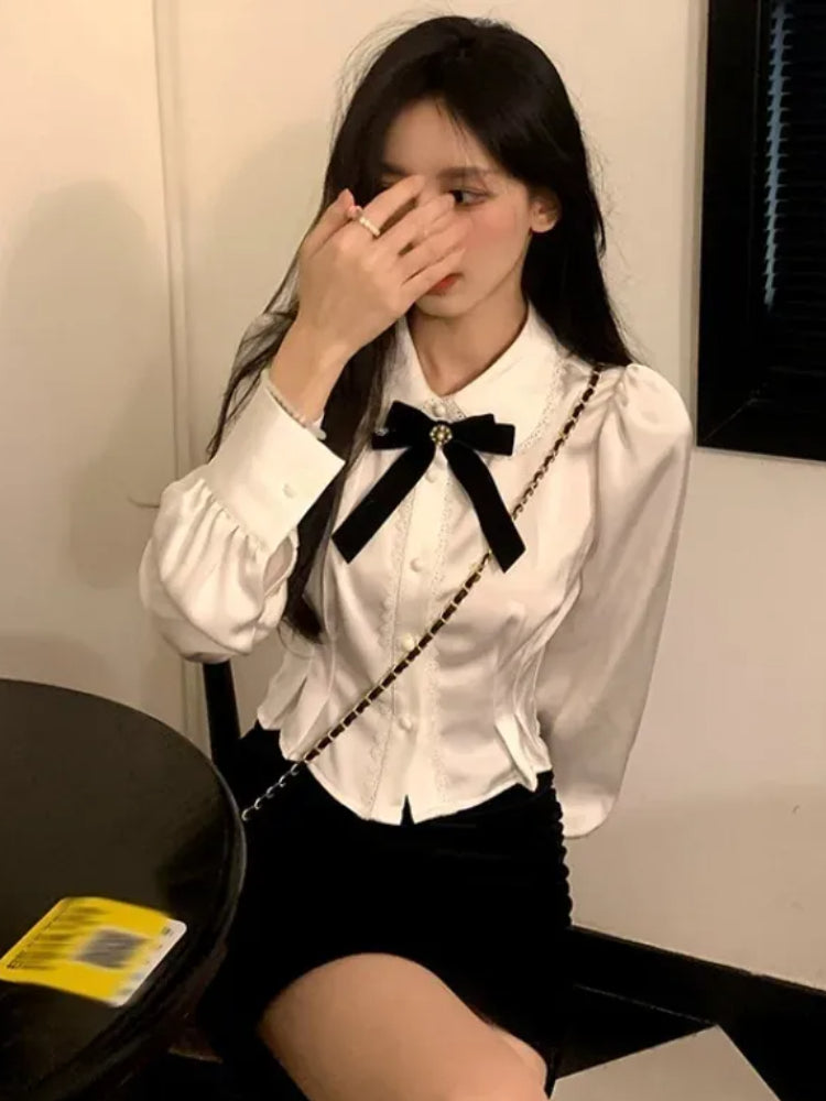 JazzHer Sexy Japan Girl Blouse Office Lady Work Women Button Solid Peter Pan Collar Ribbon Lace Short Crop Top White Shirt Femme