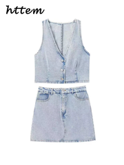 JazzHer Fashion Denim Vest Mini Skirt Suits Slim V-neck Sleeveless Single Breasted Vests High Waist Skirts 2024 Summer Lady 2 Pieces Set