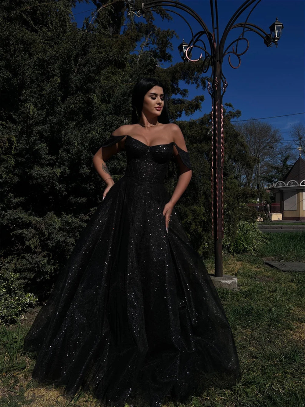 JazzHer Gothic Black Shiny A-line Vestido De Novia Gorgeous Off Shoulder Prom Dress Spark Short Sleeve Evening Dresses-(PRE-ORDER)