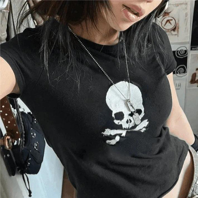 JazzHer Vintage Harajuku Aesthetic Skull Print American Crop Top Sexy Chic Slim Fashion Short Streetwear Y2K Emo Girl Rock Punk Baby Tee