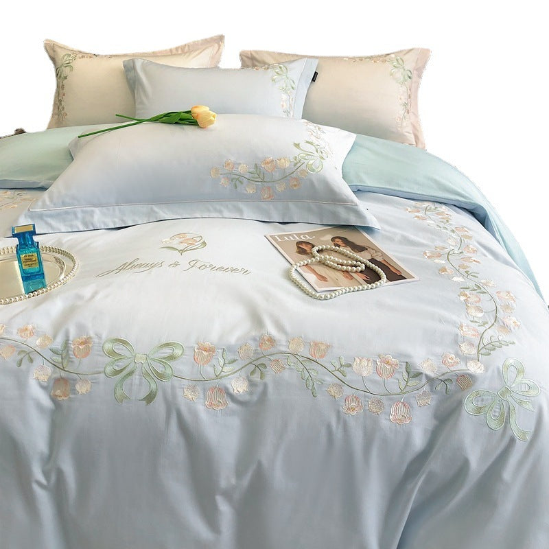 JazzHer New High-End Simple and Light Luxury Skin-Friendly Cotton Four-Piece Set Simple Embroidery Bedding Lily