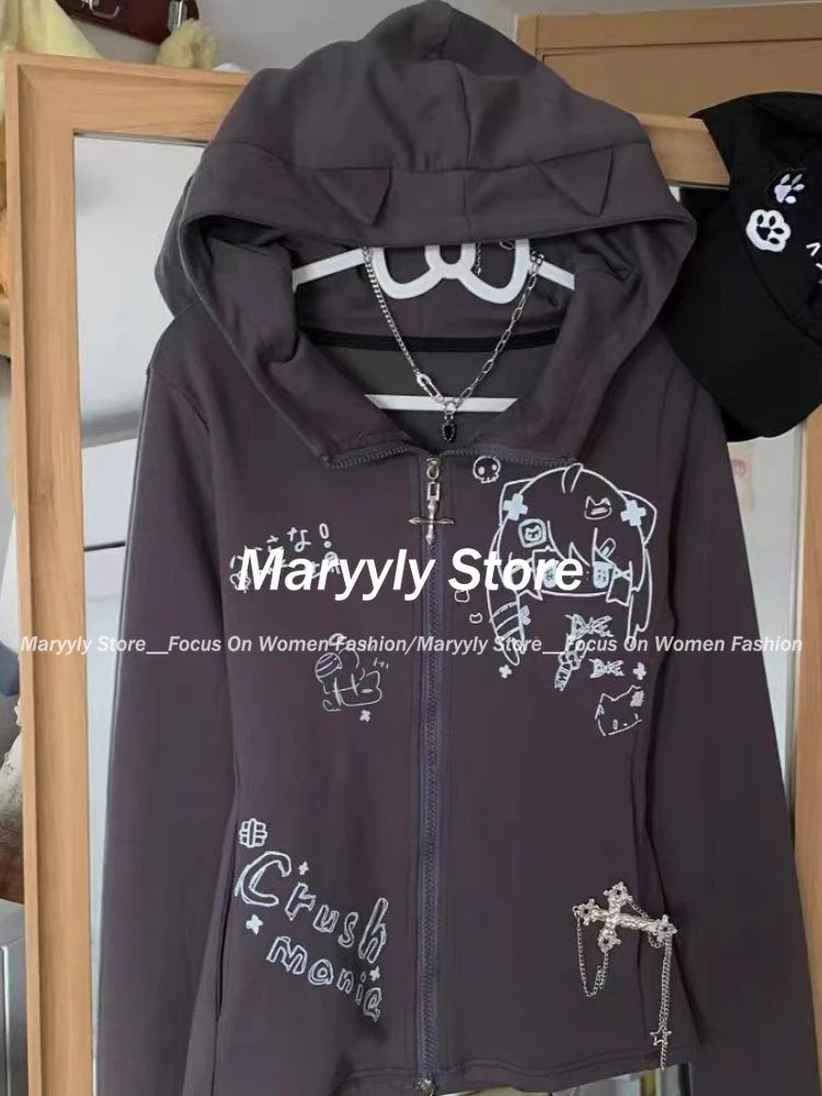 JazzHer Autumn Y2k Kawaii Cat Ear Zip Up Hoodies Women Japanese Sweet Anime Harajuku Zipper Sweatshirt Casual Cute Long Sleeve Jacket