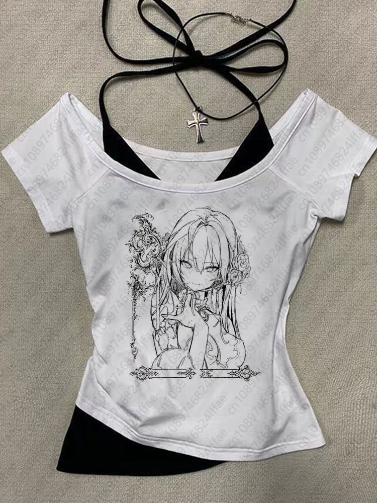 JazzHer 2025 Harajuku Off Shoulder T-Shirt Women Short Sleeve Street Hip Hop Goth Casual Harajuku Grunge Y2k Tops Vintage Printed Tees