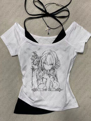JazzHer 2025 Harajuku Off Shoulder T-Shirt Women Short Sleeve Street Hip Hop Goth Casual Harajuku Grunge Y2k Tops Vintage Printed Tees