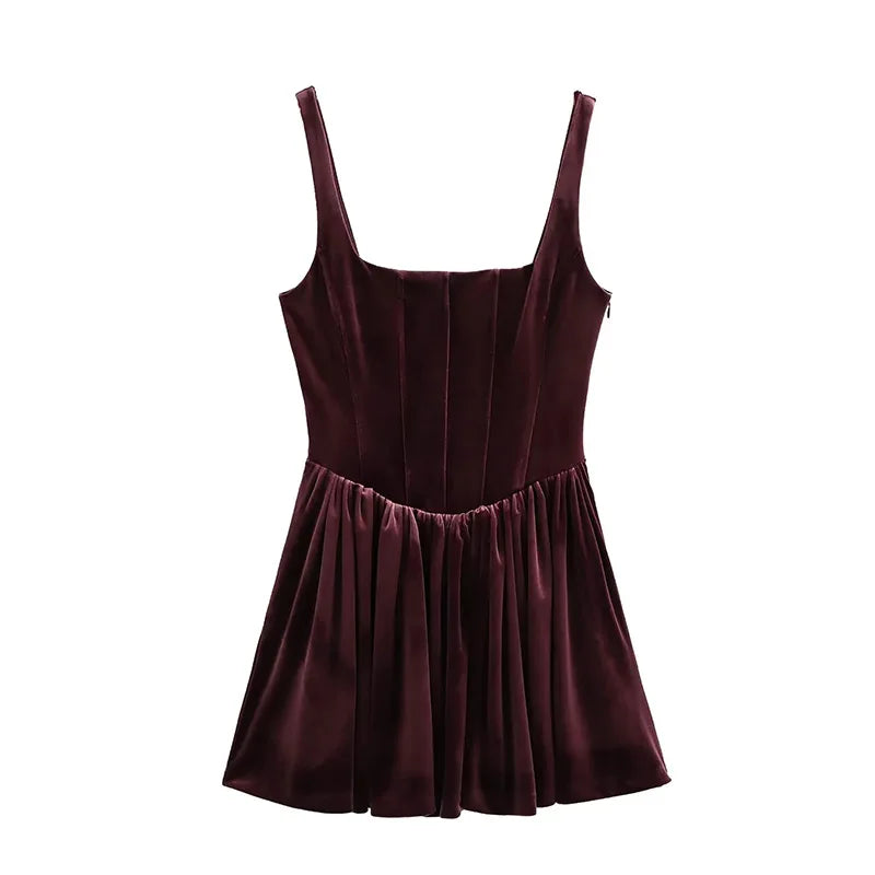 JazzHer Sexy Velvet Mini Party Dress Women Burgundy Square Collar Sleeveless Backless Sling Dresses 2024 Autumn Lady Pleated Vestido New