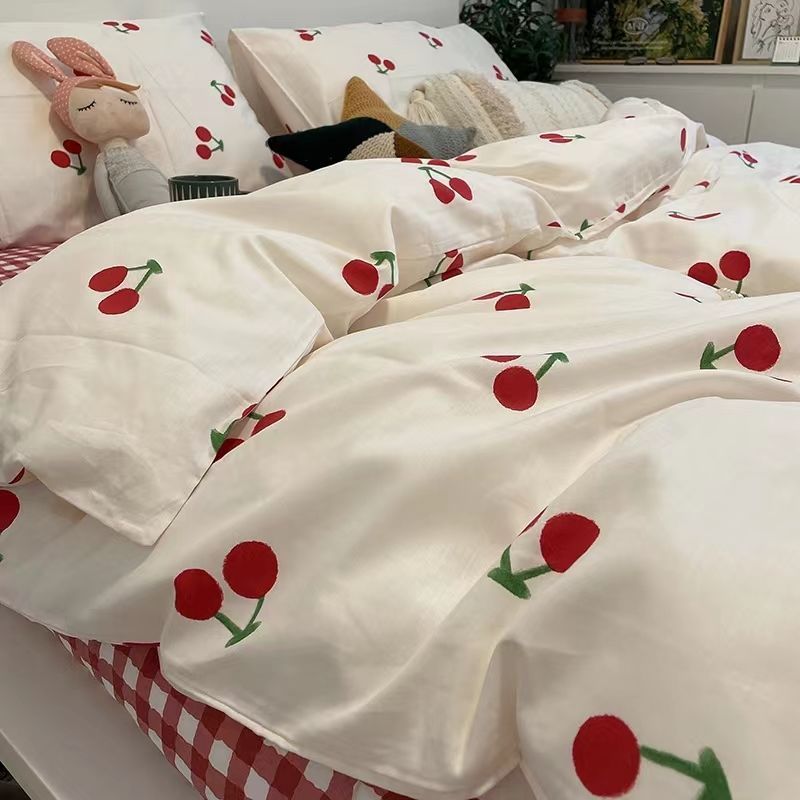 JazzHer Kawaii Bedding Set Kids Adult Flat Sheet Duvet Cover Pillowcase Single Double Full Size Bed Linen Floral Cherry Home Textile