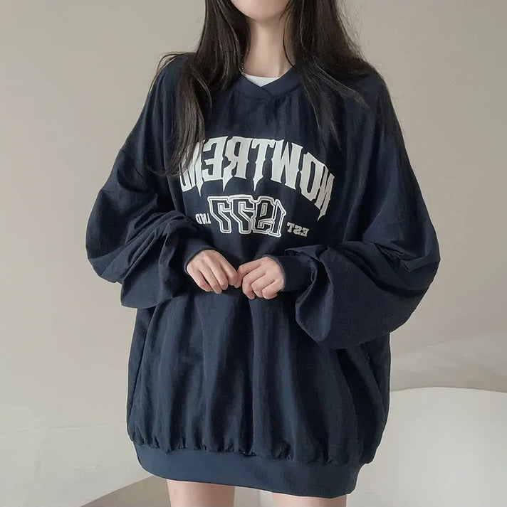 JazzHer Letter Print Oversized Round Neck Sweatshirt