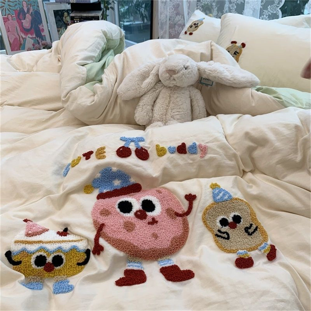 JazzHer Korean Ins Dopamine Rainbow Embroidered Washed Cotton Bedding set Duvet Cover Home Luxury No Filling Bedding Set Bed Sheets