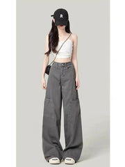 christmas outfit JazzHer Women's Grey Baggy Cargo Jeans Harajuku Aesthetic Denim Trousers Y2k Vintage Japanese 2000s Style Jean Pants Trashy Clothes 2025