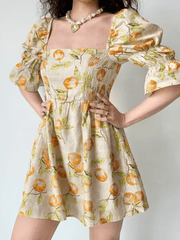 JazzHer-Vintage Fruit Print Square Neck Puff Sleeve Dress