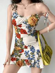 JazzHer-Printed Strap Suspender Ruffled A-line Dress