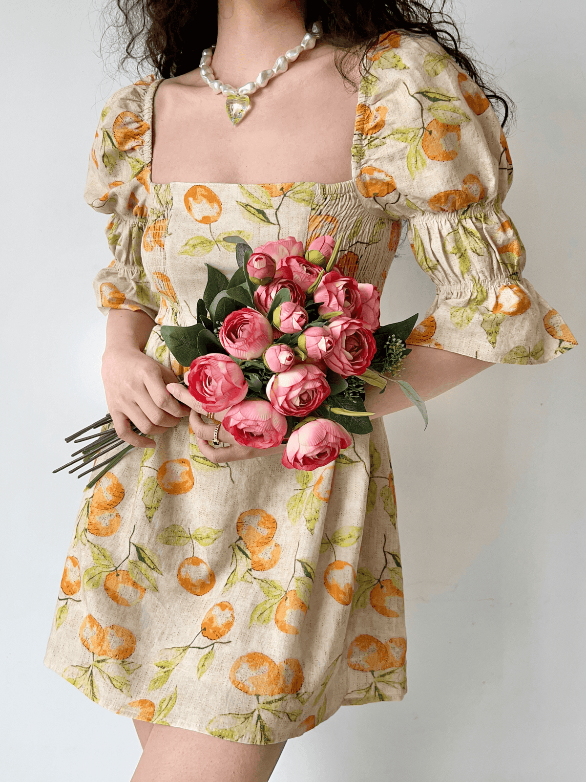 JazzHer-Vintage Fruit Print Square Neck Puff Sleeve Dress