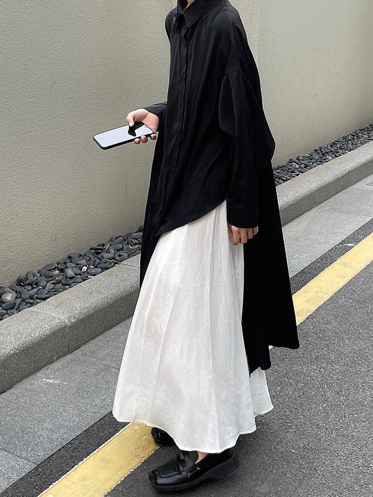 JazzHer Cool Black Big Split Long Shirt & White Skirt Sets