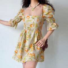 JazzHer-Vintage Fruit Print Square Neck Puff Sleeve Dress