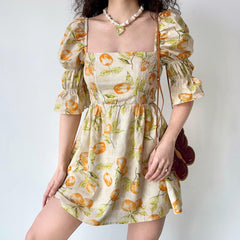 JazzHer-Vintage Fruit Print Square Neck Puff Sleeve Dress