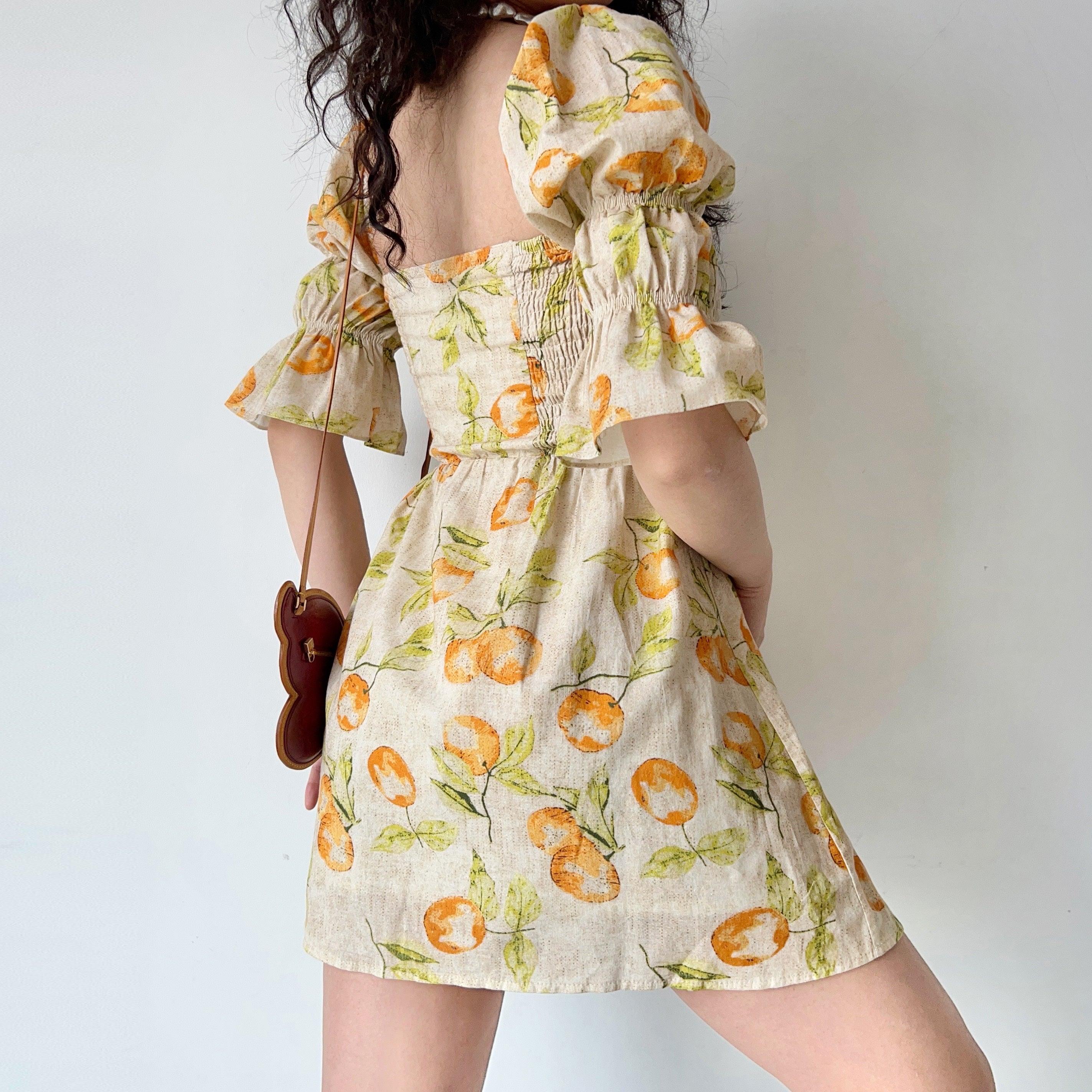 JazzHer-Vintage Fruit Print Square Neck Puff Sleeve Dress