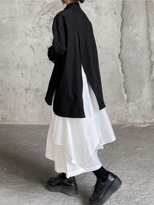 JazzHer Cool Black Big Split Long Shirt & White Skirt Sets