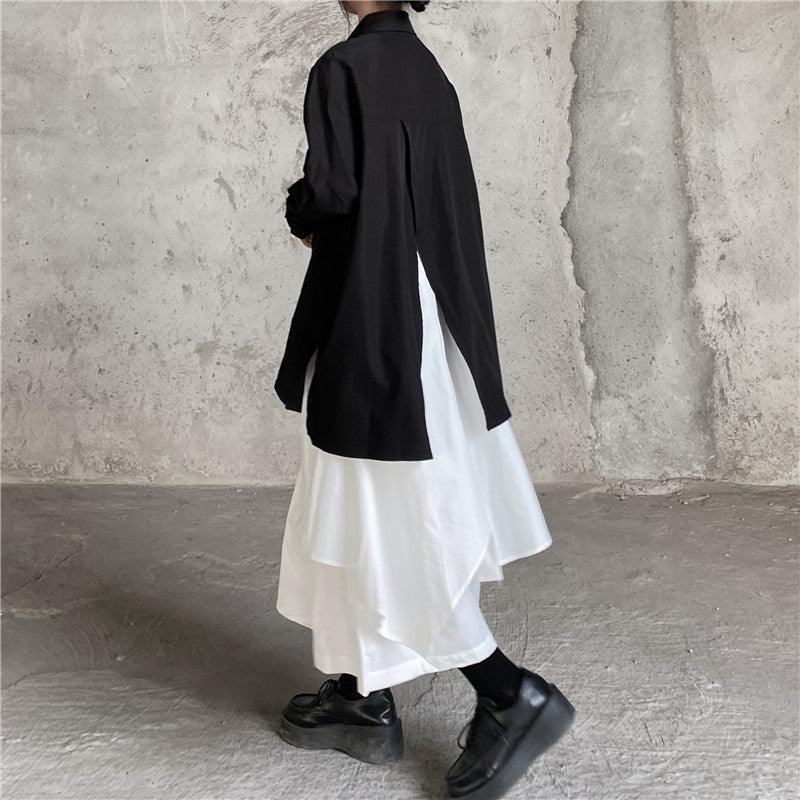 JazzHer Cool Black Big Split Long Shirt & White Skirt Sets