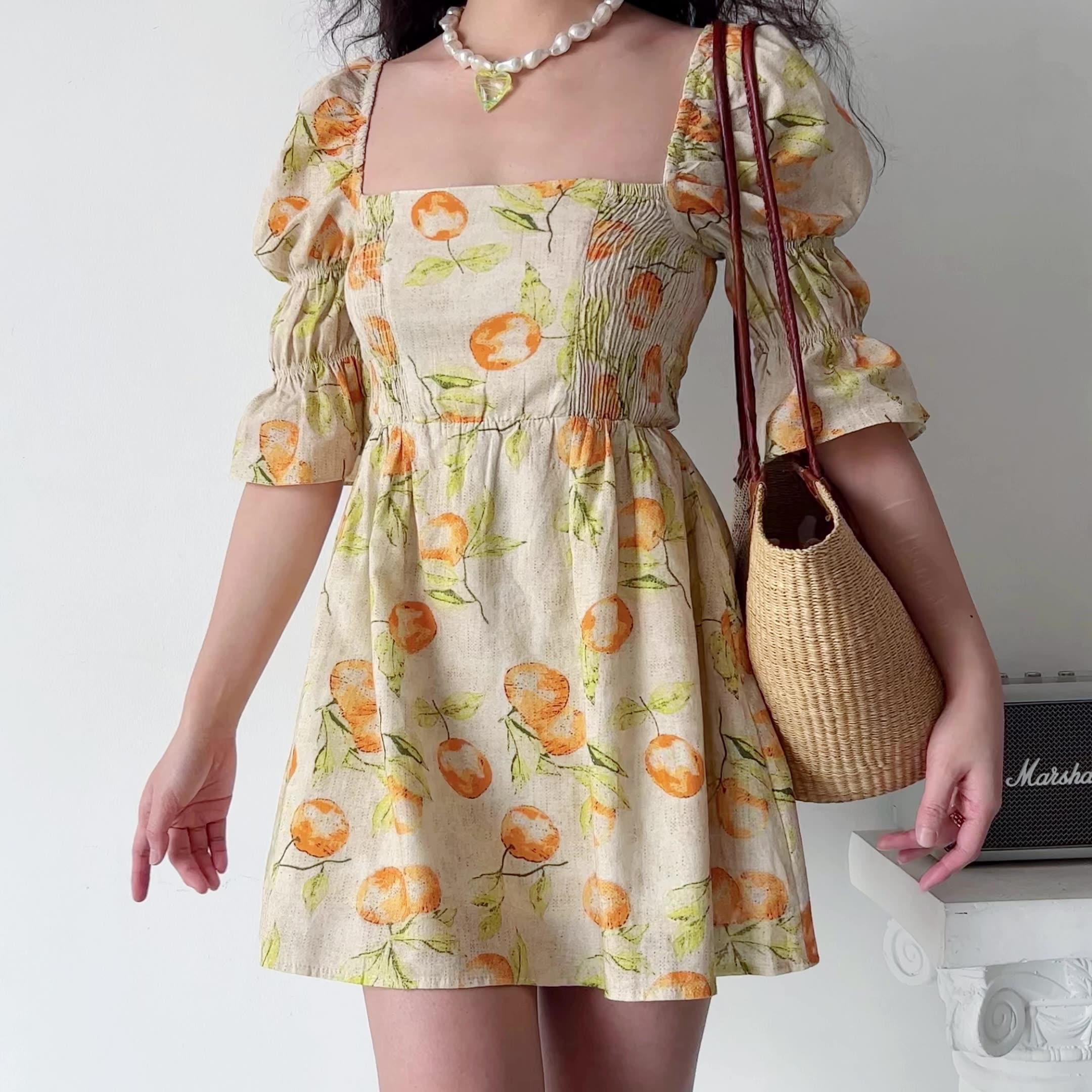 JazzHer-Vintage Fruit Print Square Neck Puff Sleeve Dress