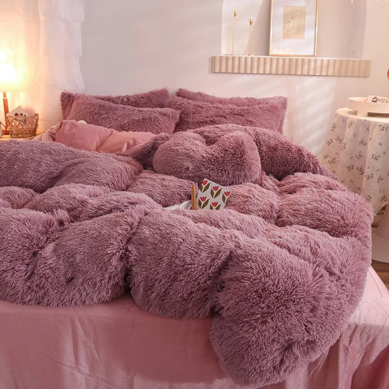 JazzHer Luxury Winter Warm Long Plush Pink Bedding Set Queen Mink Velvet Double Duvet Cover Set with Fitted Sheet Warmth Quilt Covers