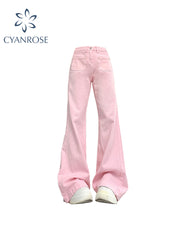 christmas outfit JazzHer Women Pink Flare Jeans Vintage Cowboy Pants Harajuku Baggy Denim Trousers Streetwear 90s Aesthetic Y2k 2000s Trashy Clothes 2025