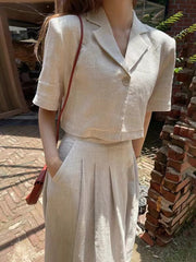 JazzHer Loose Linen Short Shirt & A-line Skirt 2 Pieces Suit