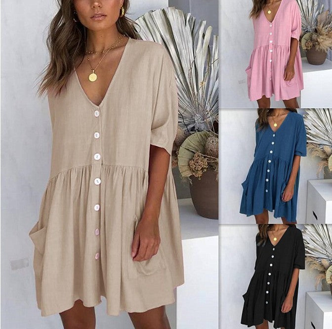 dti outfits Spring Loose plus Size V-neck Button All-Match Pocket Short Sleeve Female Dress