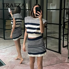 cold weather outfits JazzHer 2024 Spring Summer Casual Knitted Striped Women Suit Fashion Vintage O Neck Sleeveless Short Tops+Chic Short Pencil Skirt