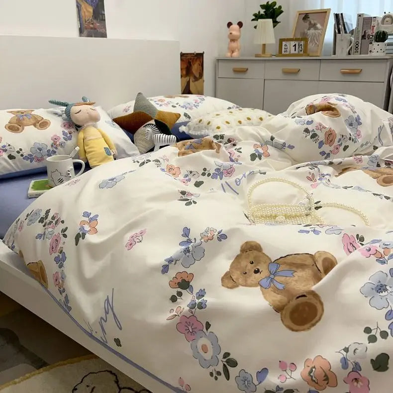 JazzHer Floral Bedding Set with Duvet Cover No Filling Flat Sheet with Pillowcases 2024 New Kids Queen Full Size Boys Girls Bed Linen