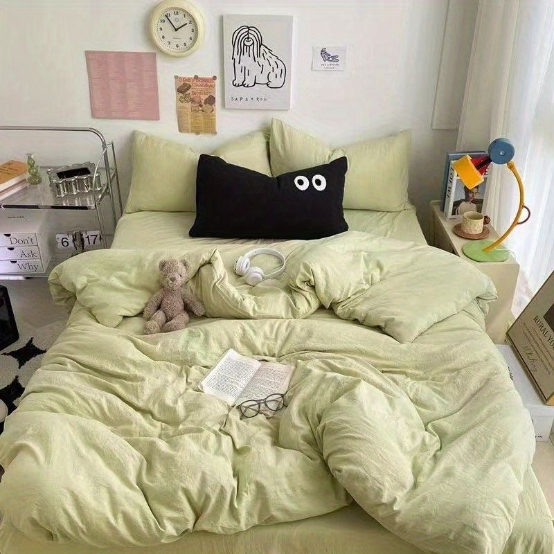 JazzHer Cute Duvet Cover Set with Sheet Pillowcase No Filler Warm Solid Color Bed Linen Full Queen Size Korean Big Eyes Home Bedding Set