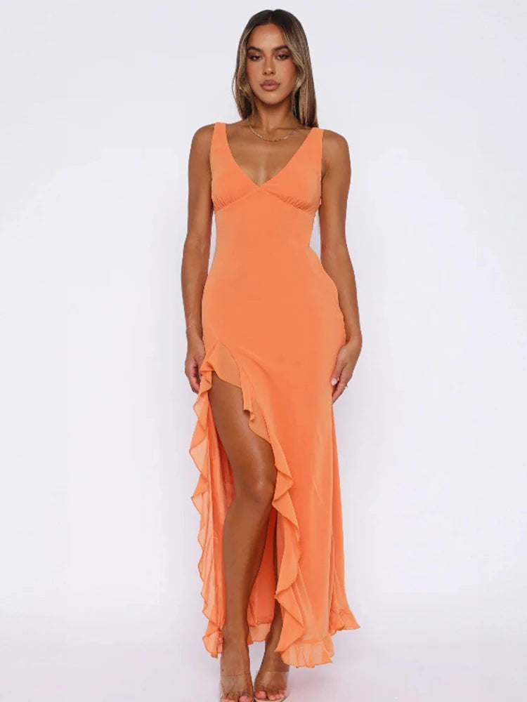 JazzHer Sexy Split Ruffles Strap Dress Women Slim V-neck Sleeveless Backless Female Maxi Dresses 2024 Summer Lady Solid Beach Party Robe