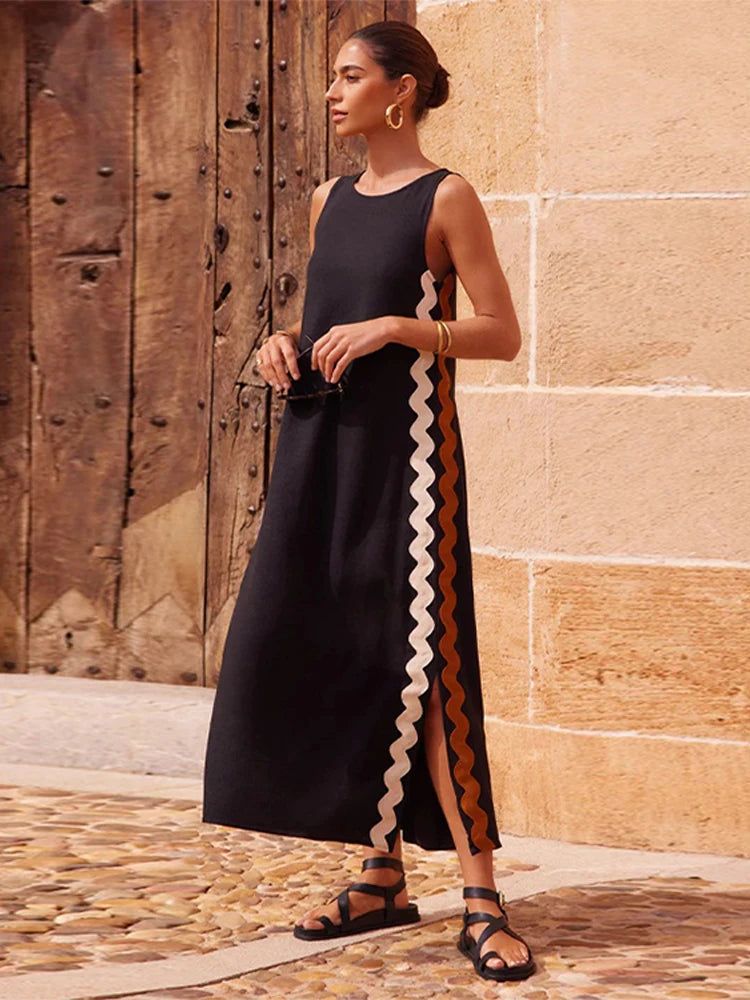 JazzHer Loose Sleeveless Split Wave Maxi Dress For Women Fashion Solid O-neck Female Straight Dresses 2024 Summer Casual Lady Beach Robe