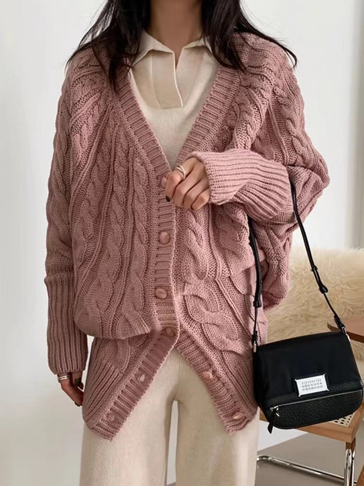 JazzHer 2024 Fall Fashion V-Neck Single-Breasted Hemp Pattern Cardigan Sweater