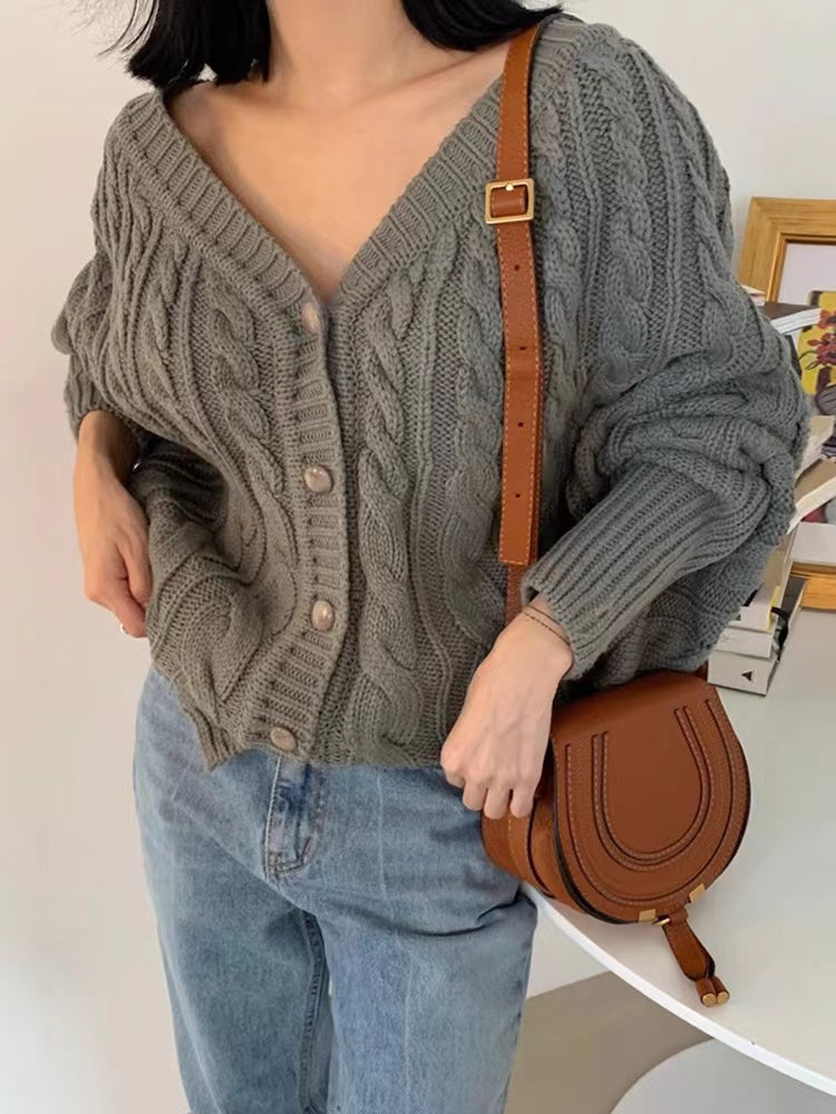 JazzHer 2024 Fall Fashion V-Neck Single-Breasted Hemp Pattern Cardigan Sweater