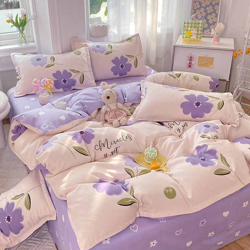 JazzHer Ins Pink Flowers Bedding Set Flat Bed Sheet Pillowcase Twin Full Queen Size Nordic Bed Linen Women Girls Floral Duvet Cover Set