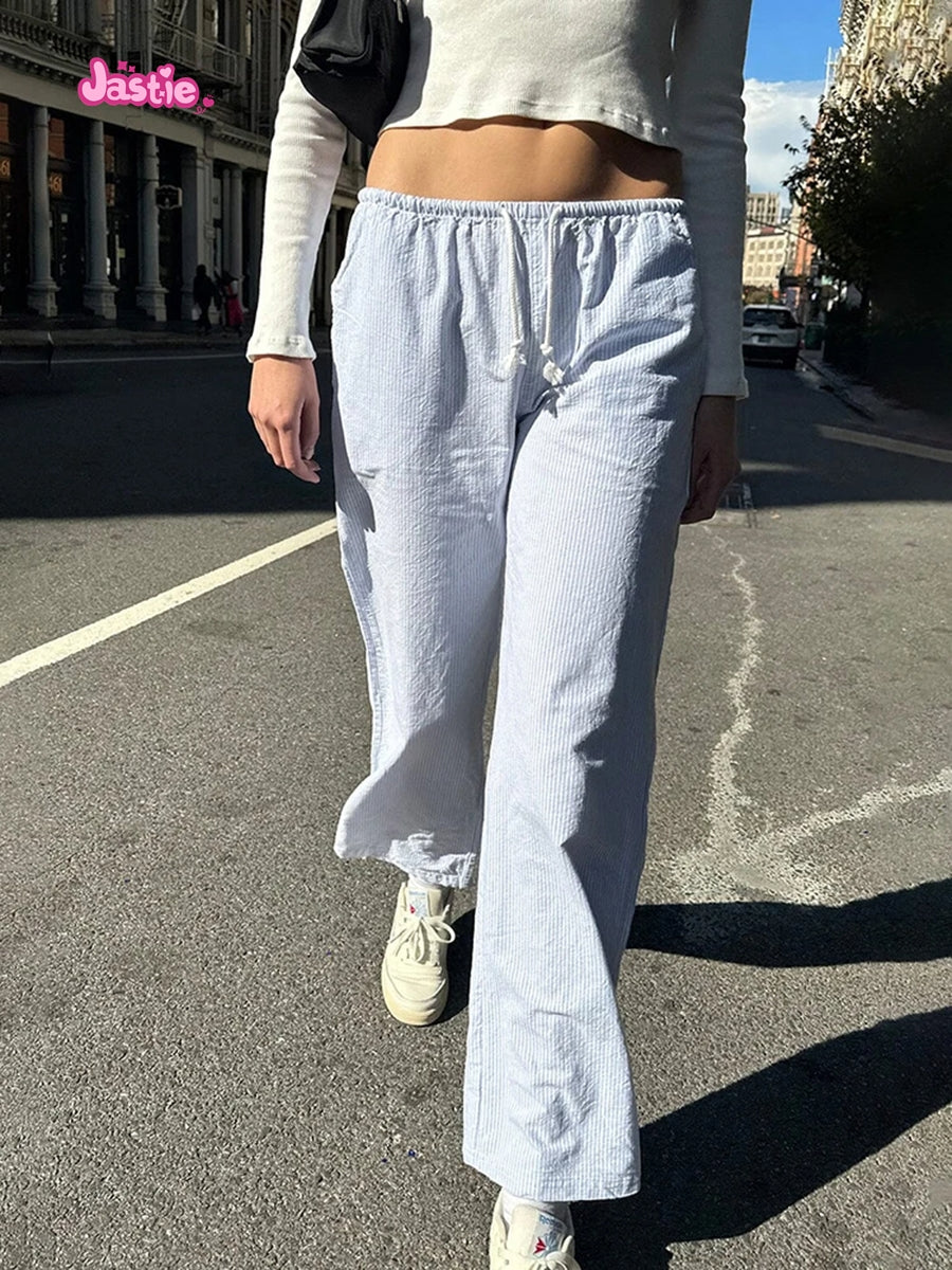 JazzHer Sweet Pink Striped Drawstring Wide Leg Pants Women Casual High Waist Simple Streetwear Cotton Bottoms Vintage Y2K Loose Trousers