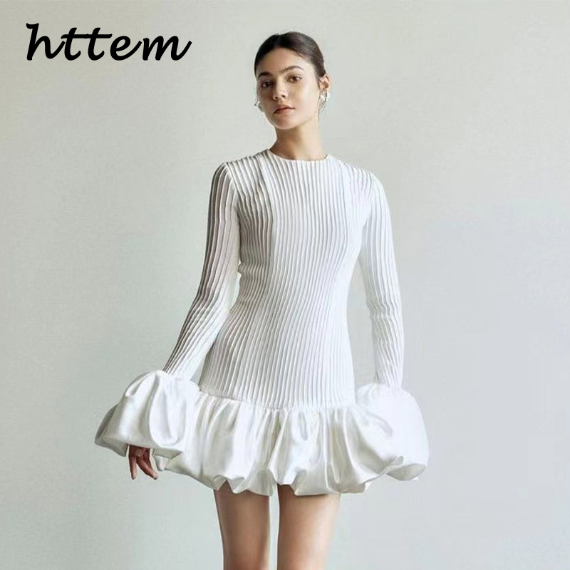 JazzHer Elegant Ruffles Mini Dress Women Slim Ribbed O-neck Flare Sleeves Female Party Dresses 2024 Autumn Lady Solid Evening Robes New