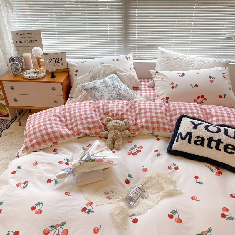 JazzHer Ins Style Duvet Cover Set with Flat Sheet Pillowcases Cute Orange Cherry Crow Printed Single Double Queen Size Girls Bedding Kit