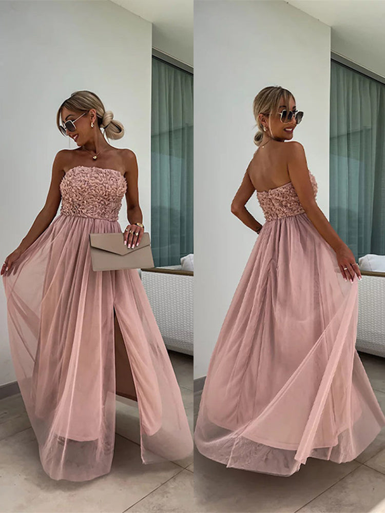 JazzHer Elegant 3d Flower Off Shoulder Patchwork Long Dress For Women Backless Sleeveless Mesh Dresses 2024 Summer Lady Party Beach Robe