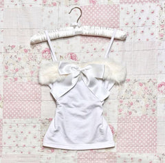 JazzHer Aesthetic Y2k Crop Top 2000s Vintage Women T shirt Bow Sweet Harajuku Cute Girl Slim Camis Fur Kawaii Grunge Clothes Tank Tops