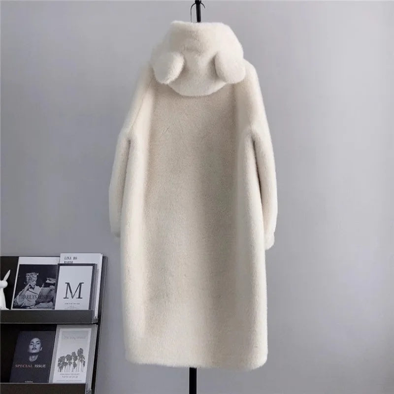 cold weather outfits JazzHer Autumn/Winter New Arrival Haining Leather Long Jacket Environmentally Friendly Mink Overcoat Women's Clothing Hooded Cute Earfla