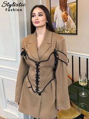 thanksgiving outfit JazzHer Elegant England Panelled Dress Women Lace Up Lapel Full Sleeves Empire Mini Dresses Female 2024 Autumn Commute Lady Robes